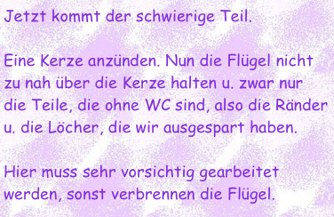 Jetzt kommt der schwierige Teil.

Eine Kerze anzünden. Nun die Flügel nicht zu nah über die Kerze halten u. zwar nur die Teile, die ohne WC sind, also die Ränder u. die Löcher, die wir ausgespart haben. 

Hier muss sehr vorsichtig gearbeitet werden, sonst verbrennen die Flügel.