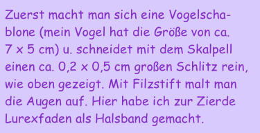 Zuerst macht man sich eine Vogelscha-blone (mein Vogel hat die Größe von ca. 
7 x 5 cm) u. schneidet mit dem Skalpell einen ca. 0,2 x 0,5 cm großen Schlitz rein, wie oben gezeigt. Mit Filzstift malt man die Augen auf. Hier habe ich zur Zierde Lurexfaden als Halsband gemacht.