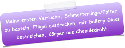 Meine ersten Versuche, Schmetterlinge/Falter zu basteln. Flügel ausdrucken, mit Gallery Glass bestreichen, Körper aus Chenilledraht.